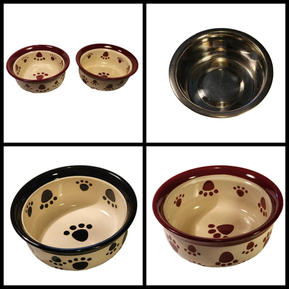 6-Pc Wrought Iron Pet Feeder w/ 4 Ceramic Pawprint Bowls & 1 Stainless Steel